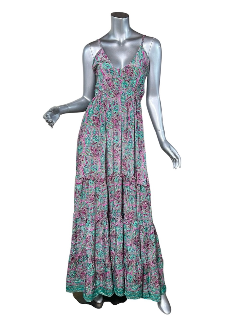 Rhea Fashions Style Print Maxi Dress Silk Blend Boho Tiered Women’s One Size NEW